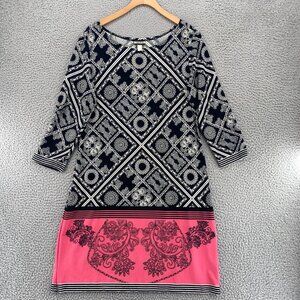 Haani Dress Womens Large Black Pattern Shift Travel Knit Stretch 3/4 Sleeve Mini